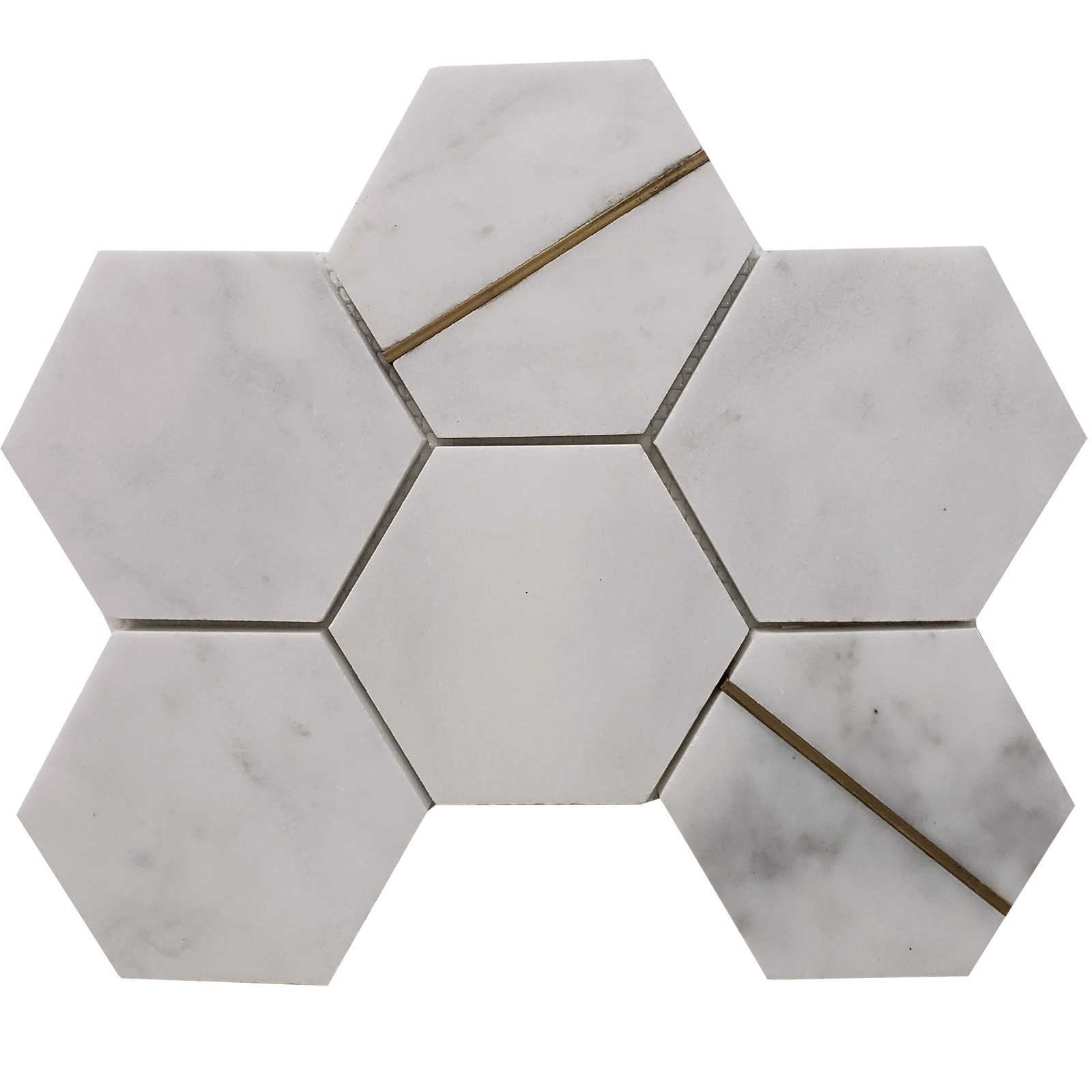 4 inch Hexagon Mosaic Bianco Imperial Marble With Brass Line Honed 