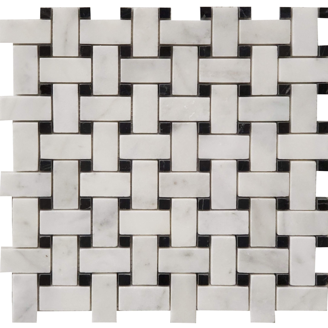 Basketweave Mosaic Bianco Imperial With Black Dot Marble Polished 