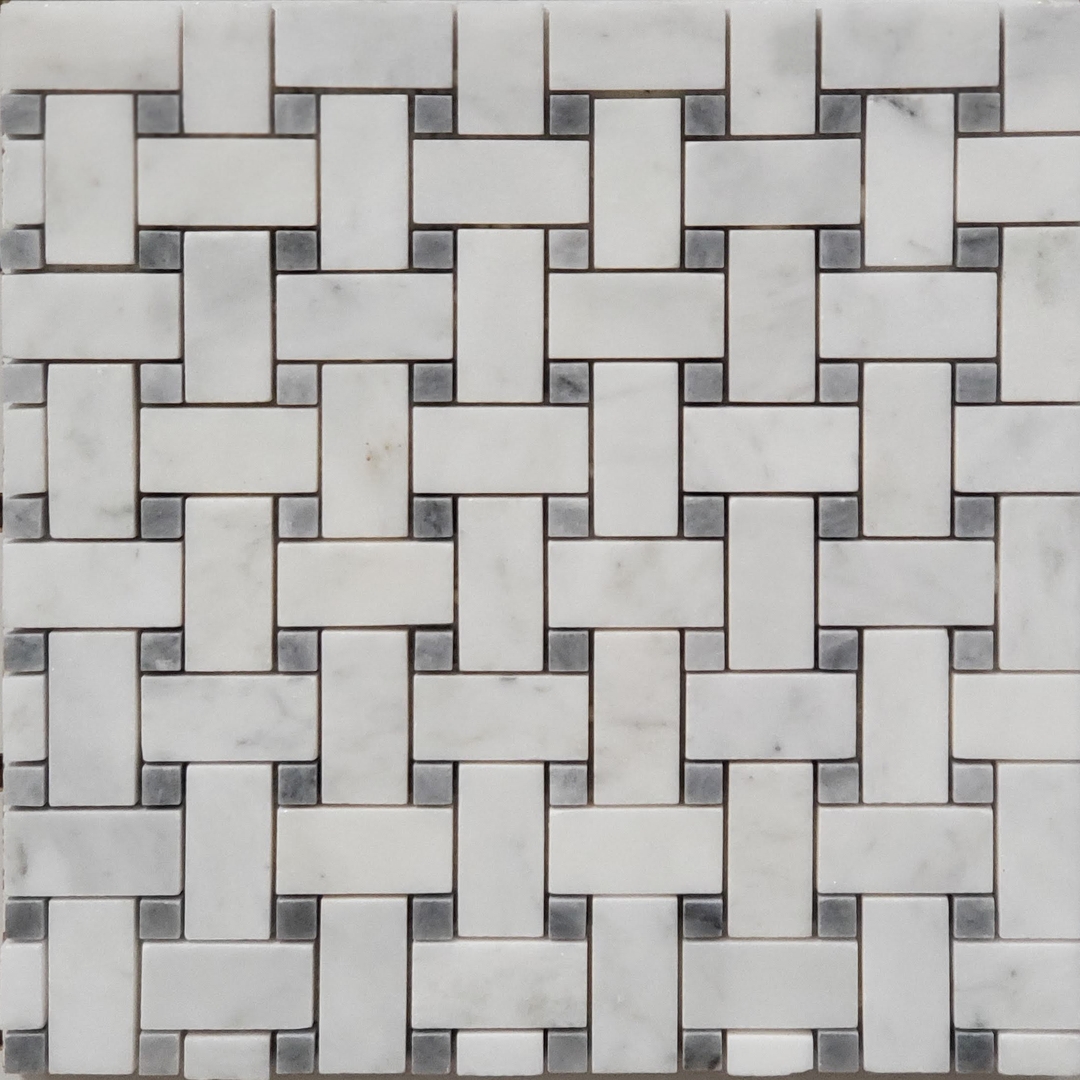Basketweave Mosaic Bianco Imperial With Grey Dot Marble Polished 