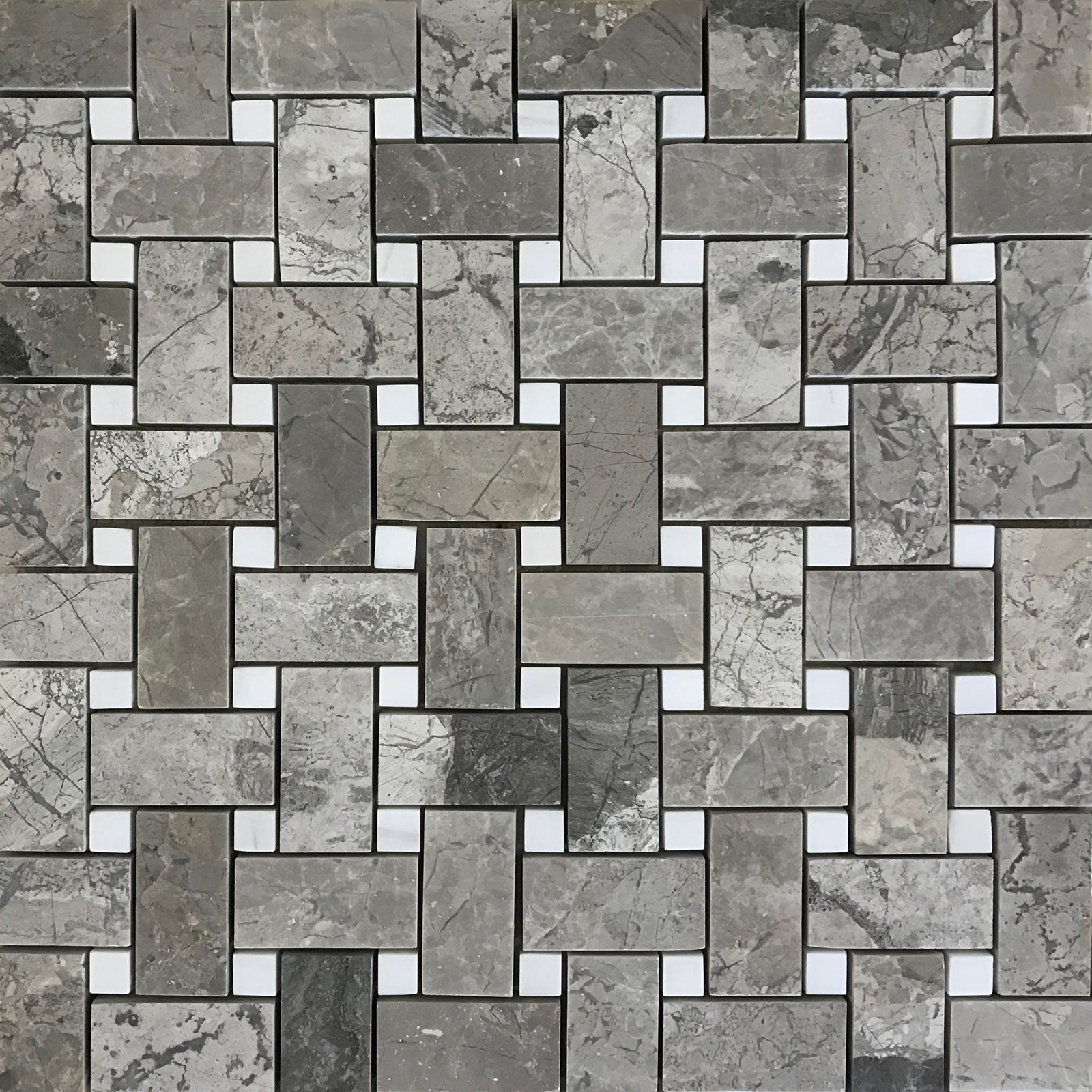 Basketweave Mosaic Silver Marlin With White Dot Marble Polished 