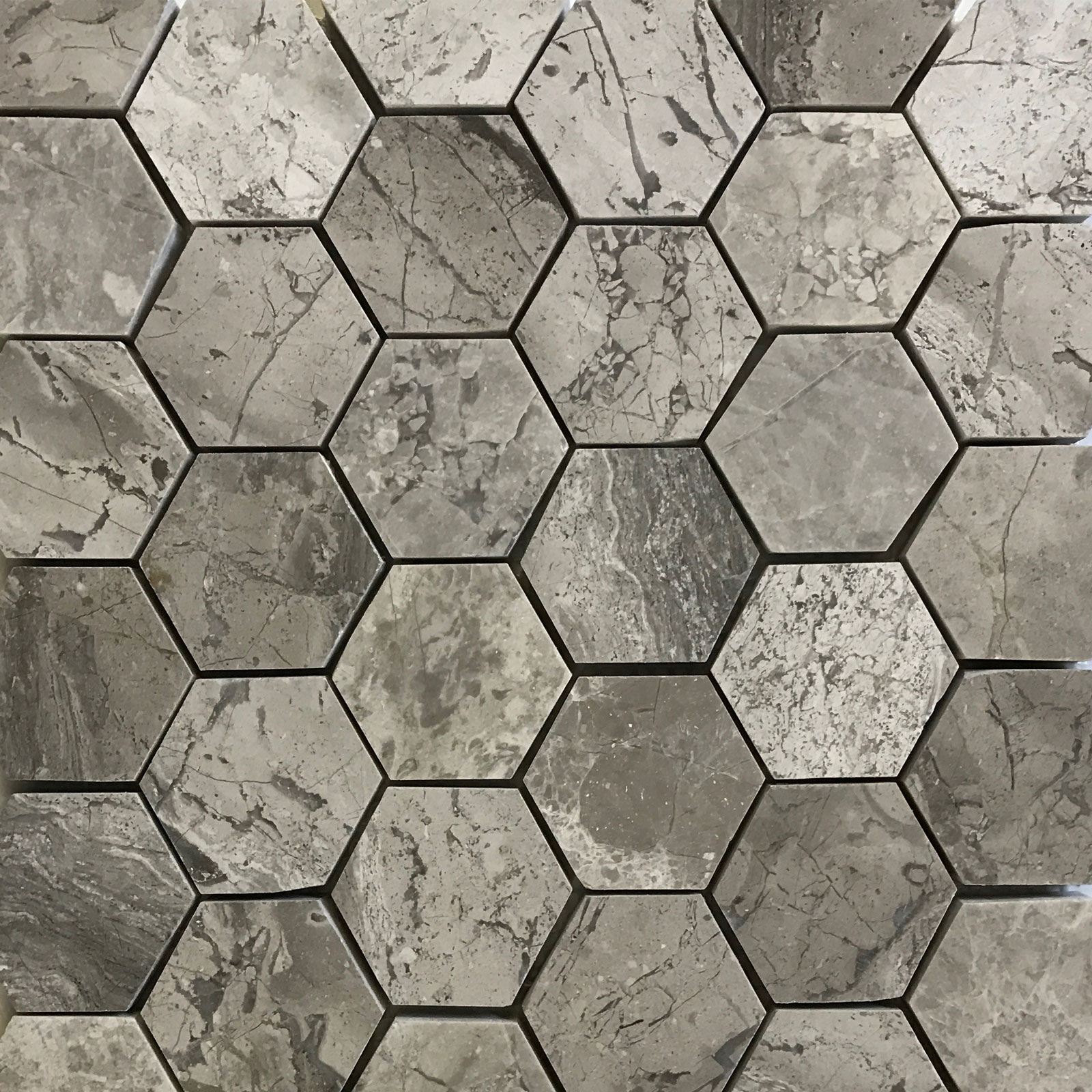 2 inch Hexagon Mosaic Silver Marlin Marble Polished 